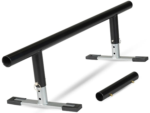 A black metal grind rail with a cylindrical bar, supported by two vertical posts on flat bases. To the right is a detachable section compatible with the Madd Gear MGP Grind Rail Extension Kit - 91cm from Madd Gear (MGP).