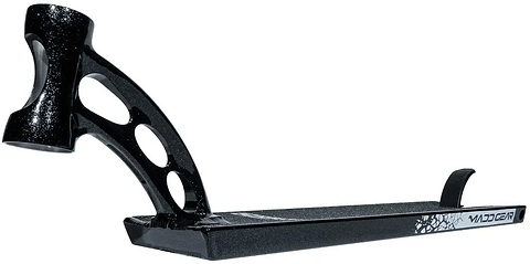 The Madd Gear MGP VX Origin Black Stunt Scooter Deck (5.5″ x 20.5″) features cut-out holes in the neck, a textured foot area, and the “Madd Gear” logo on the side—ideal for park riders looking for a dependable professional scooter deck.