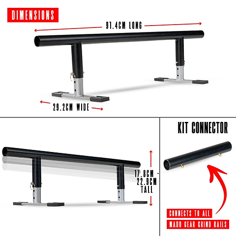 A black and silver grind rail, 91.4cm long, 29.2cm wide, height adjustable from 17.8 to 22.9cm, is compatible with the Madd Gear MGP Grind Rail Extension Kit - 91cm for easy extension options.