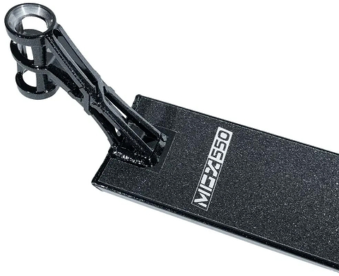 A close-up of the Madd Gear MGP MGX Black Stunt Scooter Deck (5.5″ x 20.5″) shows the headtube and part of the neck assembly, making it an ideal choice for riders looking to upgrade their park and street scooter with a stylish, MGX-inspired design from Madd Gear.