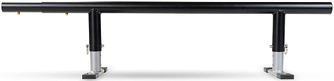 A Madd Gear black metal grind rail with two sturdy supports and flat bases, set against a white background, is compatible with the Madd Gear MGP Grind Rail Extension Kit - 91cm for added length.