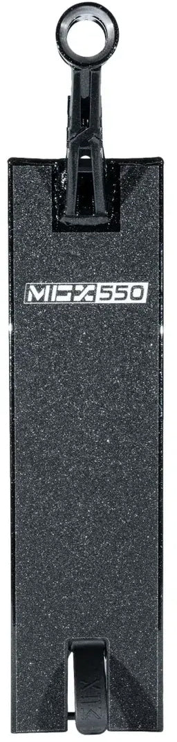 A black, rectangular Madd Gear MGP MGX stunt scooter deck with a sparkly finish and “MGP 550” displayed in white text. This Madd Gear MGP MGX Black Stunt Scooter Deck (5.5″ x 20.5″) features a cutout on the underside and a mounting bracket at the top, making it suitable for both park and street riding.