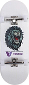 Introducing the Ventro Premium Wooden Fingerboard by Ventro—a high-quality fingerboard that showcases a white wooden deck complete with durable metal trucks and smooth white wheels. The design features a bold roaring lion graphic, accompanied by the printed phrase "Premium Wooden Fingerboard Ventro" and a distinctive purple "V" logo beneath the lion. This fingerboard is perfect for perfecting all your favorite tricks.