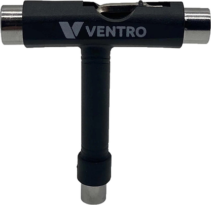 The Ventro Roller Skates / Skateboard Multi T-Tool in black by Ventro features a T-shaped design with three metal sockets and a removable L-shaped wrench stored on top—making it the perfect versatile tool for adjusting both skateboards and roller skates.