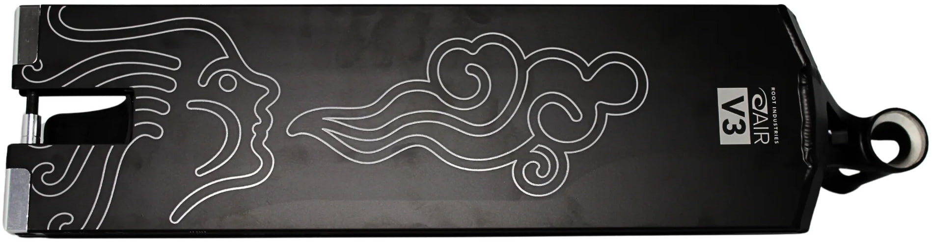 The Root Industries AIR RS V3 Black Stunt Scooter Deck - 6″ x 21″ features a black finish adorned with a white-outlined graphic of a stylized face blowing a swirling cloud, along with an “OZ AIR V3” label near the base. Engineered by Root Industries for precision and lightness, this deck is perfect for performing demanding tricks and suited for serious riders.