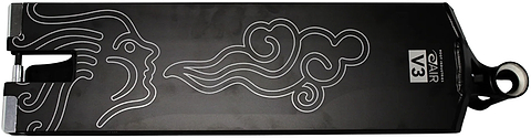 The Root Industries AIR RS V3 Black Stunt Scooter Deck - 6″ x 21″ features a black finish adorned with a white-outlined graphic of a stylized face blowing a swirling cloud, along with an “OZ AIR V3” label near the base. Engineered by Root Industries for precision and lightness, this deck is perfect for performing demanding tricks and suited for serious riders.
