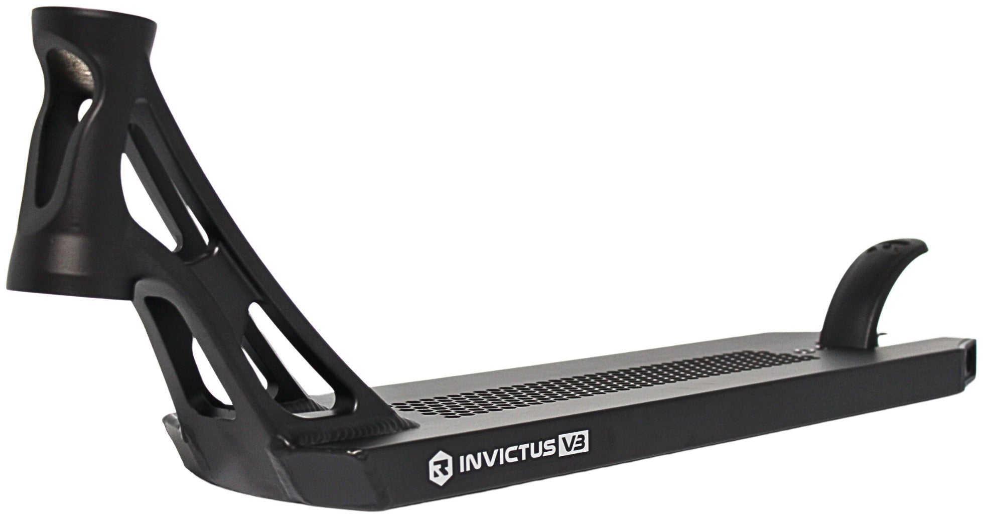 The Root Industries Invictus V3 Black Stunt Scooter Deck (5.2" x 19.7") features a lightweight build, textured grip surface, open-frame neck with cut-out details, curved brake, sleek design, and side logo.