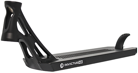 The Root Industries Invictus V3 Black Stunt Scooter Deck (5.2" x 19.7") features a lightweight build, textured grip surface, open-frame neck with cut-out details, curved brake, sleek design, and side logo.
