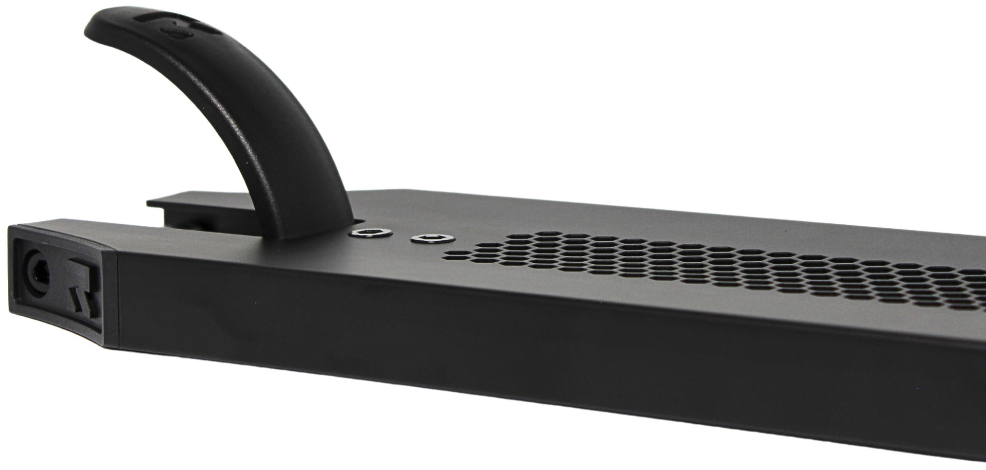 Close-up of the Root Industries Invictus V3 Black Stunt Scooter Deck (5.2" x 19.7") featuring a curved handle, hexagonal ventilation holes, and two screws on top from Root Industries.