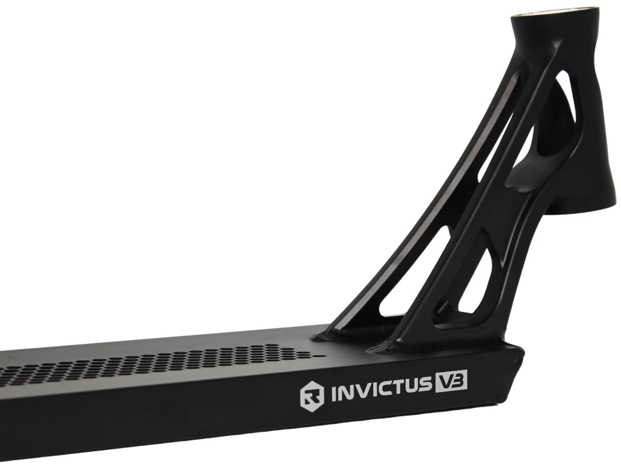 A close-up of the Root Industries Invictus V3 Black Stunt Scooter Deck (5.2" x 19.7") highlights the logo and geometric cut-out design near the head tube.