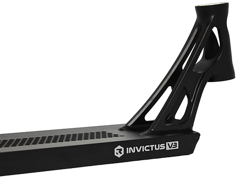 A close-up of the Root Industries Invictus V3 Black Stunt Scooter Deck (5.2" x 19.7") highlights the logo and geometric cut-out design near the head tube.