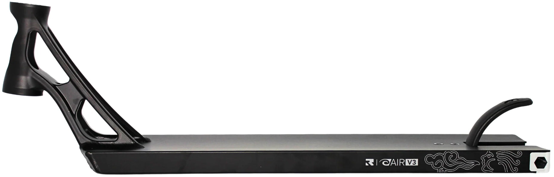 The Root Industries AIR RS V3 Black Stunt Scooter Deck - 6″ x 21″ features a distinctive cutout headtube, a curved brake, and striking white patterns and logos near the rear. This lightweight deck from Root Industries is perfect for riders who want both style and top-tier performance.
