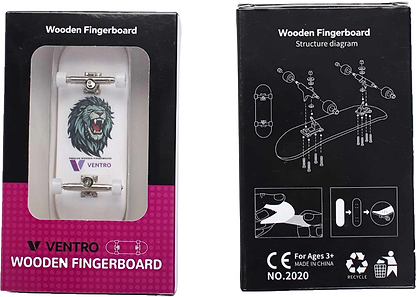 Front and back of a Ventro Premium Wooden Fingerboard box. The front displays the Ventro fingerboard featuring a striking lion graphic, while the back presents assembly instructions, age recommendations, and recycling information—ideal for anyone looking to master new fingerboard tricks.
