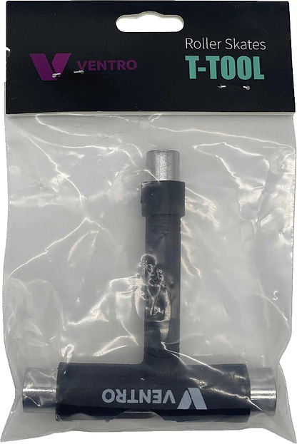 A packaged Ventro Roller Skates / Skateboard Multi T-Tool - Black is shown in a clear plastic bag featuring prominent black and purple Ventro branding at the top. The black tool displays a bold “VENTRO” logo and includes three sockets, making it the ideal accessory for adjusting your roller skates or skateboard.