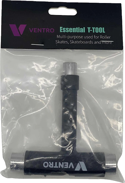 The Ventro Roller Skates / Skateboard Multi T-Tool - Black by Ventro comes in packaging and is labeled as a versatile tool for both skateboards and roller skates, designed to meet all your skating needs. The tool features a black body with silver ends.