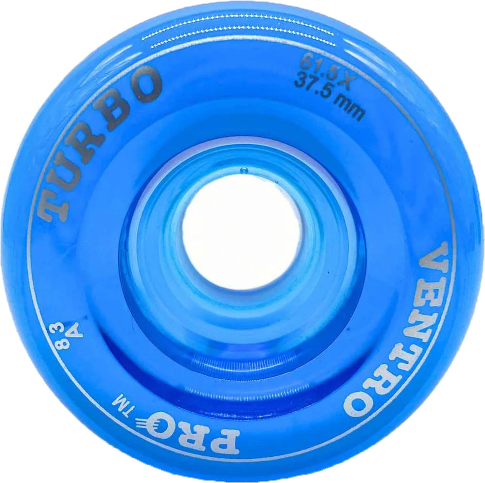 A close-up of a blue Ventro Pro Turbo Quad 83A roller skate wheel from Ventro, featuring the text "TURBO," "VENTRO," "PRO," "G15 XY 37.5mm," and "83A" printed on the side. This high-quality replacement skate wheel measures 61.5mm x 35mm, making it an ideal choice for those seeking durable and reliable quad skate wheels.