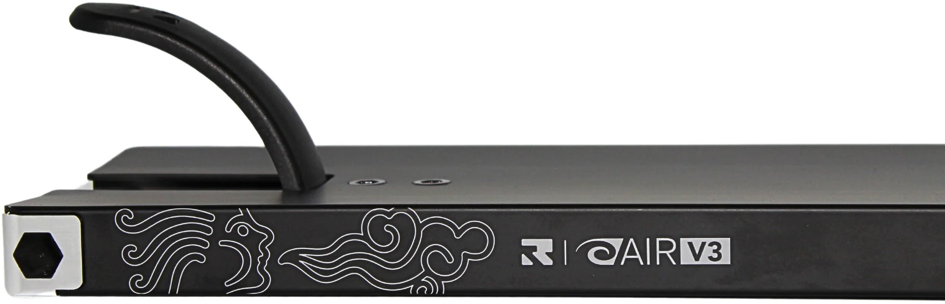 Close-up of the Root Industries AIR RS V3 Black Stunt Scooter Deck (6″ x 21″) displaying white line art designs and “R AIR V3” text along the side. The lightweight deck also features a visible black kickstand on top.