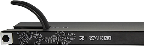 Close-up of the Root Industries AIR RS V3 Black Stunt Scooter Deck (6″ x 21″) displaying white line art designs and “R AIR V3” text along the side. The lightweight deck also features a visible black kickstand on top.