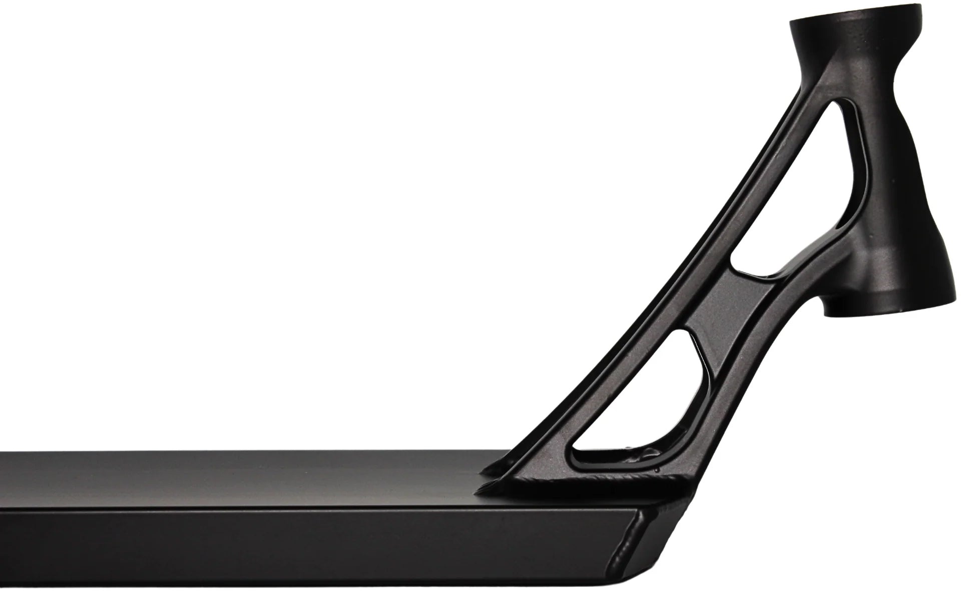 Close-up of the Root Industries AIR RS V3 Black Stunt Scooter Deck (6″ x 21″), featuring a lightweight design with a cutout neck, sturdy geometric supports, and an angled headtube—ideal for riders pursuing high-performance stunts.