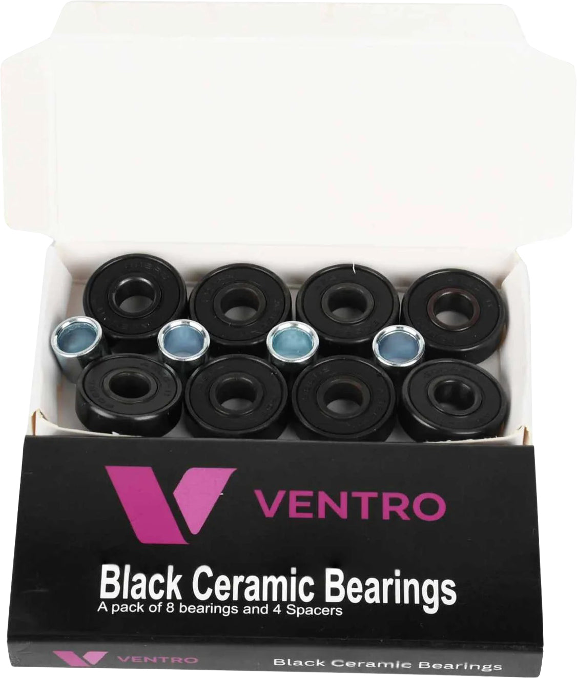 An open box of Ventro Ceramic ABEC 11 Black Bearings - Set Of 8, showing 8 black 608-size bearings and 4 metal spacers inside. The packaging displays the Ventro brand logo and product name in white and pink text.