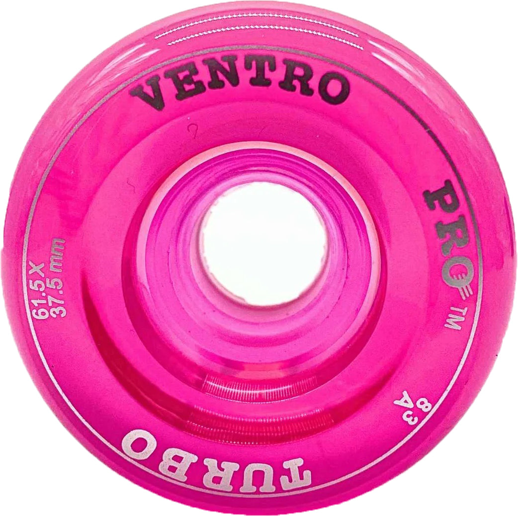 Close-up of a bright pink Ventro Pro Turbo Quad 83A roller skate wheel with the brand name "VENTRO" and the size "61.5 x 35 mm" printed on it. This 83A durometer quad roller skate wheel is viewed from above, clearly showing the inner hole.