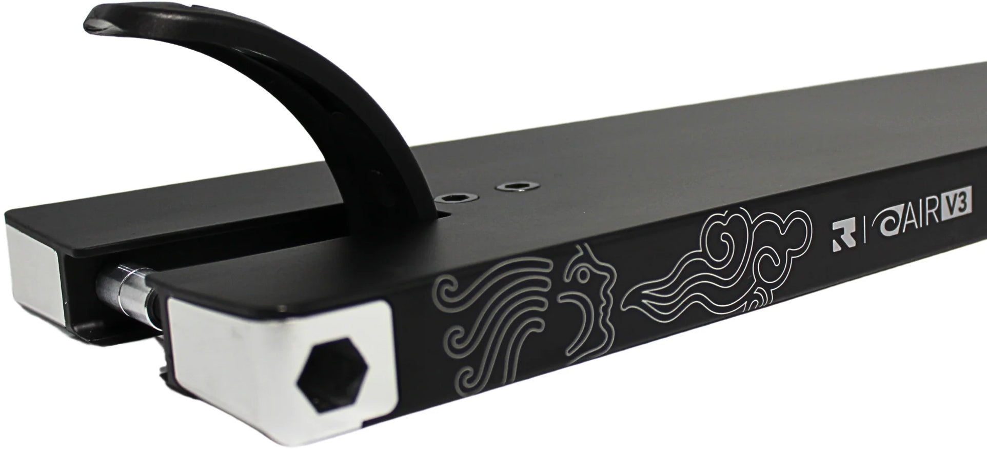 A close-up of the Root Industries AIR RS V3 Black Stunt Scooter Deck, measuring 6″ x 21″, featuring sleek silver geometric and cloud designs with “RT AIR V3” text and a rear brake—ideal for riders looking for a premium stunt scooter deck.