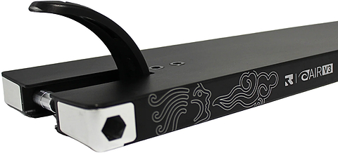 A close-up of the Root Industries AIR RS V3 Black Stunt Scooter Deck, measuring 6″ x 21″, featuring sleek silver geometric and cloud designs with “RT AIR V3” text and a rear brake—ideal for riders looking for a premium stunt scooter deck.