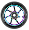 The Ethic DTC Incube V2 100mm Stunt Scooter Wheel in Neochrome boasts rainbow-colored metal spokes paired with a black rubber tire. The outer rim is labeled with "Incube V2" and "100x24 - 88A." Its design, crafted by Ethic DTC, showcases a central hub and six evenly spaced spokes.