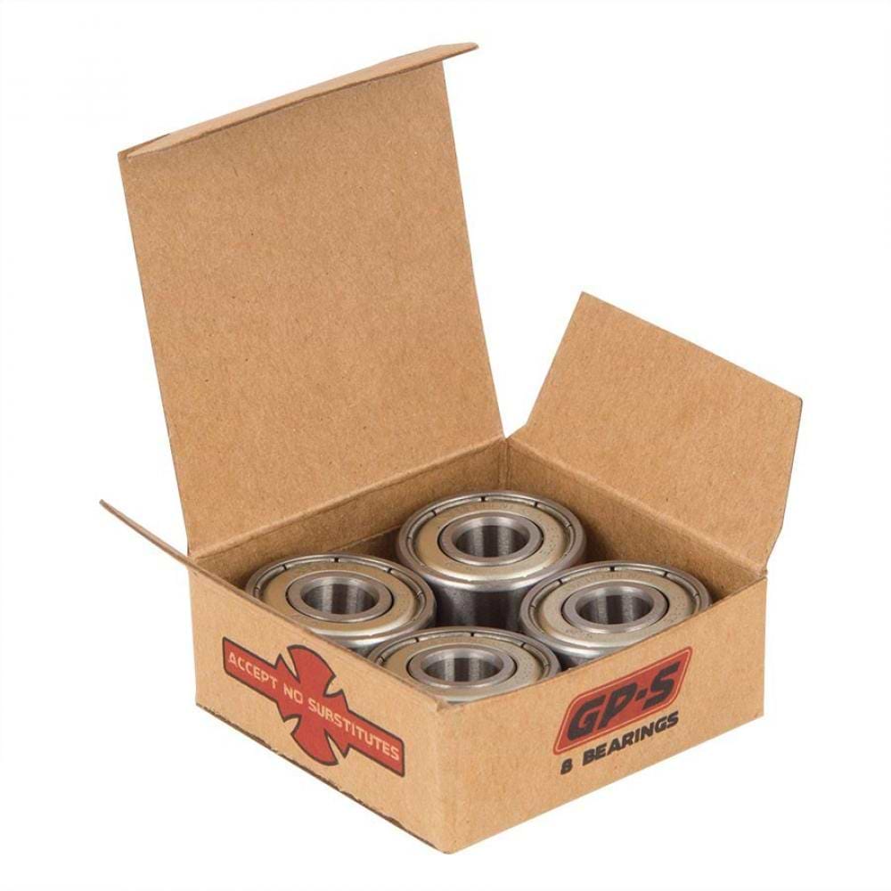 The "Independent GP-S Skateboard Bearings - 8 Pack" cardboard box prominently displays four round metal bearings with micro-polished steel races. The open packaging reveals a red cross design with the message "Accept no substitutes," proudly highlighting the Independent GP-S brand.