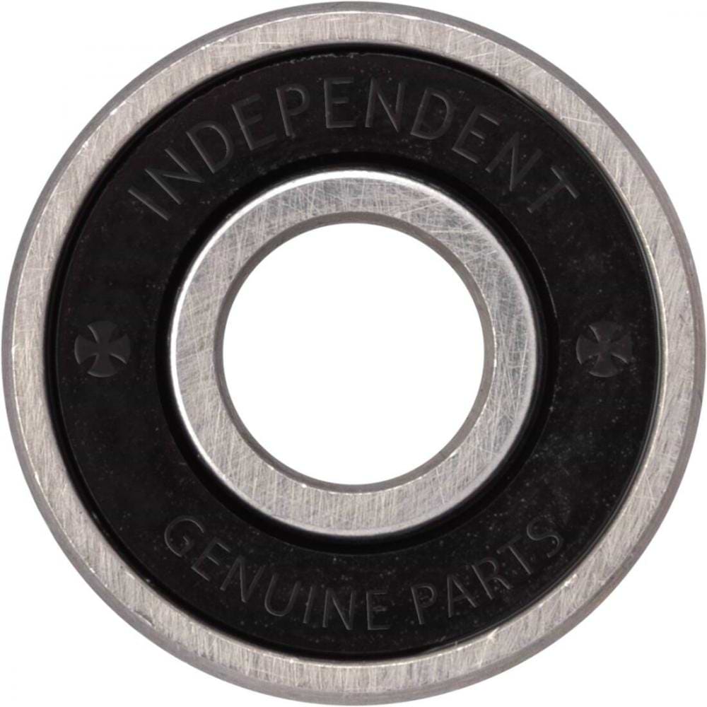 A close-up of a skateboard bearing shows the "Independent Genuine Parts" branding on its black casing. This Independent GP-B Skateboard Bearing features labyrinth shields and micro-polished steel races, along with a central hole and a shiny metallic finish.