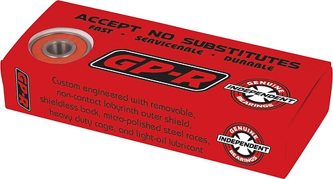 A red box labeled "Independent GP-R" contains a bearing that is designed for speed, easy maintenance, and robustness. Emblazoned with phrases like "Accept No Substitutes" and "Custom Engineered," it reveals a partially visible bearing featuring the "Genuine Independent Bearings" logo. It includes labyrinth shields for enhanced protection.