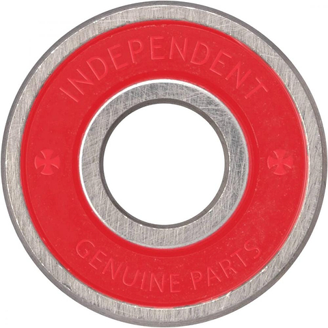 A close-up of an Independent GP-R skateboard bearing reveals a red outer ring labeled "Independent Genuine Parts" and a silver interior. Labyrinth shields provide enhanced protection, with the central hole visible, surrounded by the shiny steel races of the bearing.