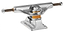 An Independent Stage 11 Standard Silver Skateboard Truck with a yellow bushing is shown against a white background. Its shiny, textured metal surface features improved geometry for enhanced performance and grind clearance.