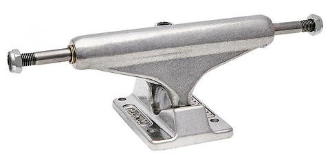 The Independent Stage 11 Standard Silver Skateboard Trucks (Pair) - 159mm, from the brand Independent, are designed with improved geometry and grind clearance. These trucks feature a polished finish, complete with axles on both ends and horizontally aligned mounting holes on the baseplate, all set against a white background.