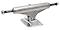 The Independent Hollow Forged Silver Skateboard Trucks (Pair) - 139mm, manufactured by Independent, are displayed with a polished metal finish. These trucks boast a solid base plate, kingpin, and axle made from chromoly steel, ensuring durability and lightweight performance. Perfect for mounting on your deck, the aluminum construction adds to their appeal.