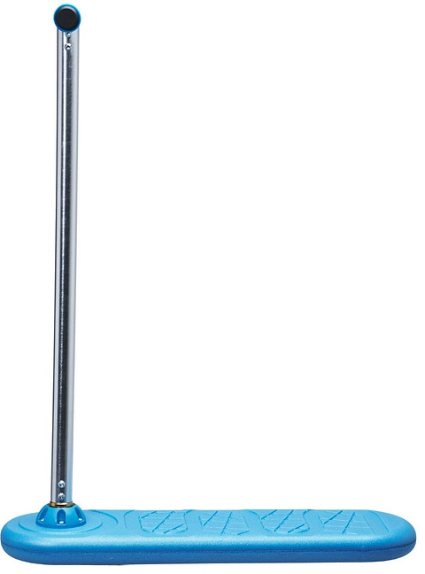A balance board in a striking blue, complete with a silver metal pole, styled similarly to the INDO Pro scooters. Its platform has a textured surface for enhanced grip, making it perfect for safely practicing tricks indoors.