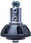 A close-up of a mechanical component from the INDO Trampoline Stunt Scooter Headset, featuring a metallic cylindrical shaft with holes, a hex bolt on top, and a black ridged plastic base at the bottom.