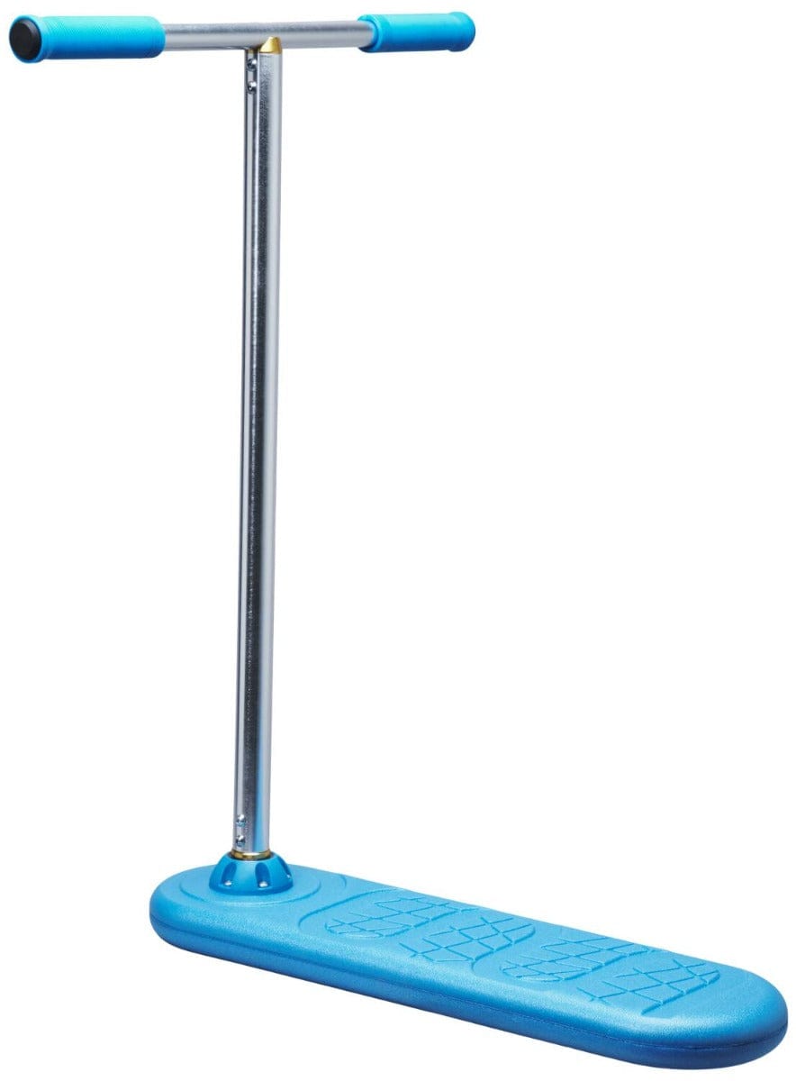 The INDO Pro Indoor Trampoline Stunt Scooter - Blue, by the brand INDO, boasts a blue frame paired with turquoise handles and a textured footboard. It's crafted for trick enthusiasts, featuring a sleek single-piece metal handlebar and an elegant upright design set against a white background.