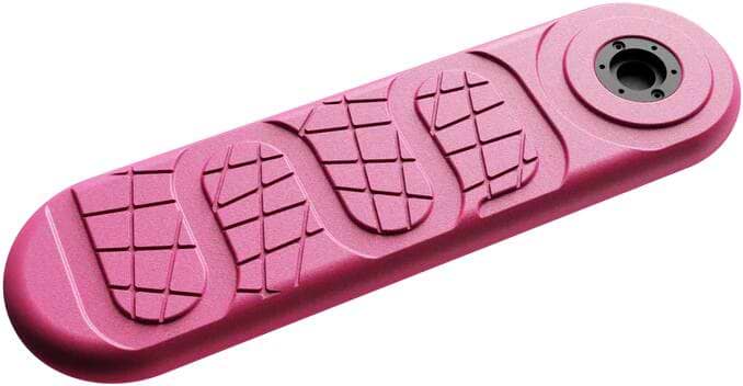 The INDO X70 Pro Trampoline Scooter Deck - Pink Pop from INDO showcases a pink elongated footrest adorned with textured, curved grooves and a circular black attachment point on one end. These wave-like patterns provide enhanced grip and style, making it the perfect addition to your trampoline scooter deck.
