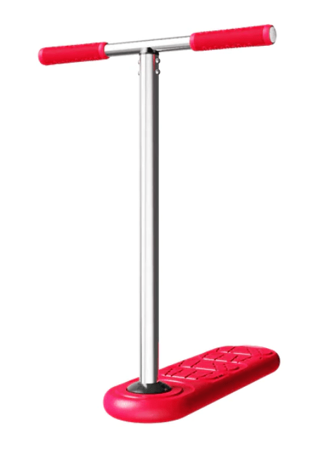 The INDO 570mm Indoor Trampoline Stunt Scooter - Red Rocker features a sturdy handle and footrest, ideal for jumping and balance exercises, akin to performing tricks on a trampoline scooter. The metal frame showcases vibrant red grips and a contrasting white foot platform.