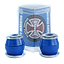 Close-up of a pair of Independent Standard Conical Blue Skateboard Bushings - 92A with silver edges displayed in front of a transparent package. Made from high rebound urethane, the packaging showcases a blue label adorned with a circular logo design, ideal for anyone looking for quality aftermarket bushings by Independent.