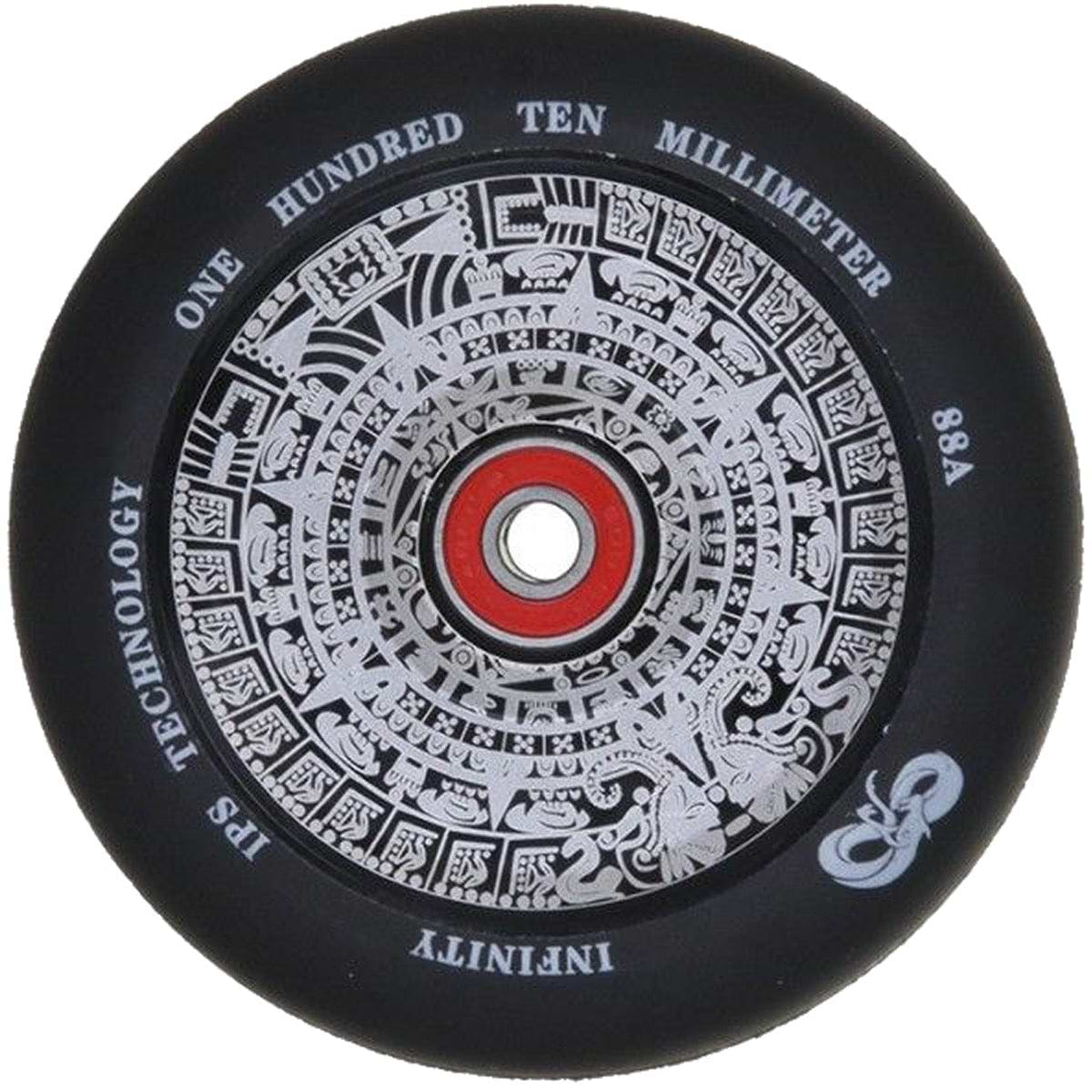 Close-up of the white Infinity Mayan 110mm stunt scooter wheel featuring a detailed Aztec-style design. Encircling the wheel, the text reads "ONE HUNDRED TEN MILLIMETER 88A PS TECHNOLOGY INFINITY." The red center with a white core houses ABEC 9 bearings, utilizing Hollowcore technology for unmatched performance.