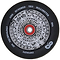 Close-up of the white Infinity Mayan 110mm stunt scooter wheel featuring a detailed Aztec-style design. Encircling the wheel, the text reads "ONE HUNDRED TEN MILLIMETER 88A PS TECHNOLOGY INFINITY." The red center with a white core houses ABEC 9 bearings, utilizing Hollowcore technology for unmatched performance.