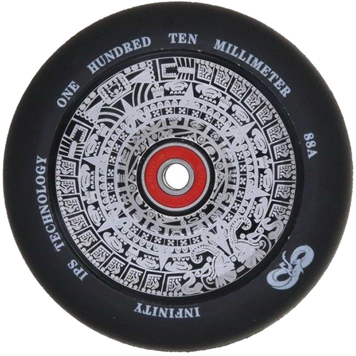 The Infinity Mayan 120mm Stunt Scooter Wheel features a stunning silver Aztec calendar design on a black background and highlights a red center. The white text includes "One Hundred Ten Millimeter," "88A," and branding details such as "Infinity" and "IPS Technology." Equipped with ABEC 9 bearings, this semi hollowcore wheel delivers an exceptionally smooth ride.