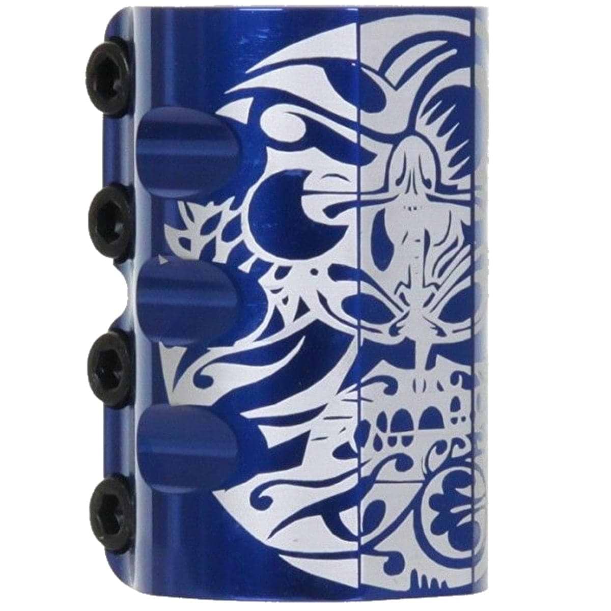 The Infinity Mayan 4 Bolt Oversized SCS Stunt Scooter Clamp in blue features exquisite silver tribal-style patterns. Its sleek, cylindrical design includes three dark circular knobs on the left side, enhancing its stylish clamp appearance and functionality.
