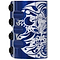 The Infinity Mayan 4 Bolt Oversized SCS Stunt Scooter Clamp in blue features exquisite silver tribal-style patterns. Its sleek, cylindrical design includes three dark circular knobs on the left side, enhancing its stylish clamp appearance and functionality.