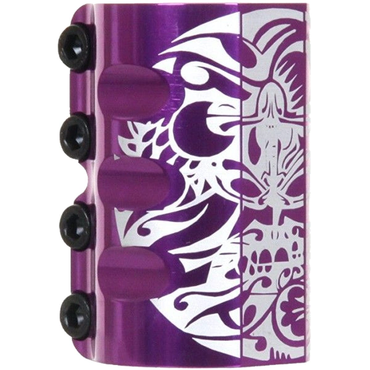 Named the Infinity Mayan 4 Bolt Oversized SCS Stunt Scooter Clamp - Purple, this product stands out with its stunning metallic purple finish adorned with intricate white floral and bird motifs. Featuring three raised sections and four black circular elements on the side, it blends style and functionality seamlessly, making it a perfect choice for your scooter.