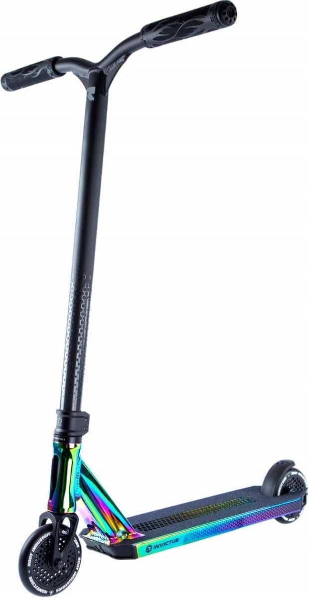 Introducing the Root Industries Invictus 2 Complete Stunt Scooter in Rocket Fuel Neochrome, boasting a sleek black handlebar and a deck with a metallic rainbow finish. Outfitted with Honeycore wheels and detailed rims, the deck prominently showcases "Invictus," combining top-notch performance with striking style on every ride.