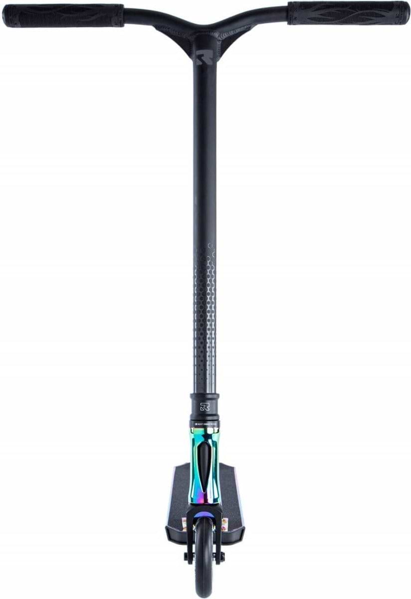 Introducing the Root Industries Invictus 2 Complete Stunt Scooter in Rocket Fuel Neochrome, featuring a T-shaped handlebar and sleek metallic deck. This scooter stands out with its multicolored front clamp and Honeycore wheels, offering a sturdy, minimalist design perfect for performance riding.