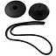The image features a pair of JD Bug Original Street Scooter Bar Ends in black. One stopper is flat with a central hole, ideal for JD Bug Street Scooter handlebar ends, while the other has a stepped design. A gracefully curved black elastic cord lies beneath the stoppers.